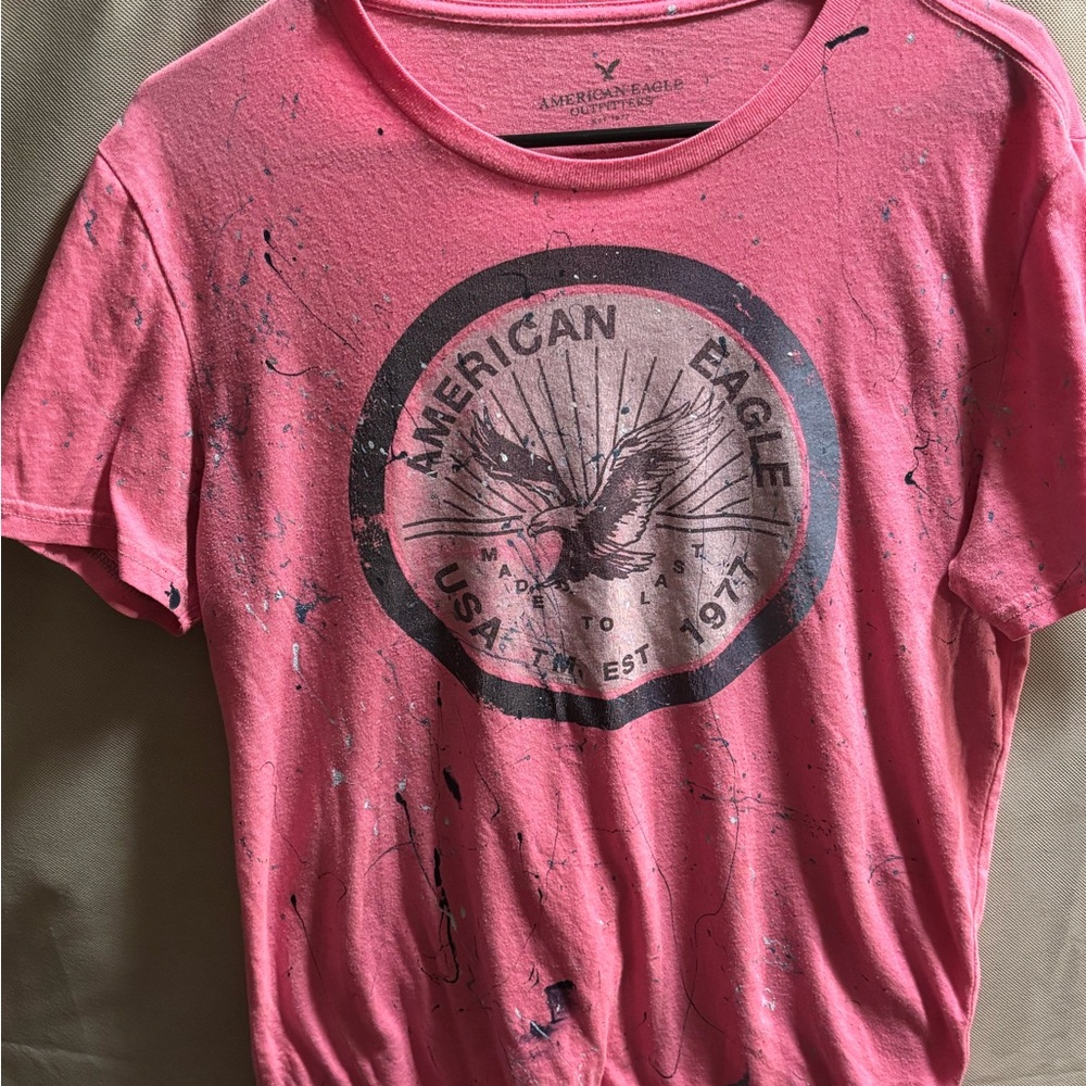 American Eagle RetroY2K Distressed Paint Splattered Mens Short Sleeve 2014 Shirt